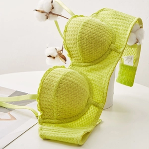 Lace semi-cup bra set in neon green with sheer mesh fabric and floral patterns