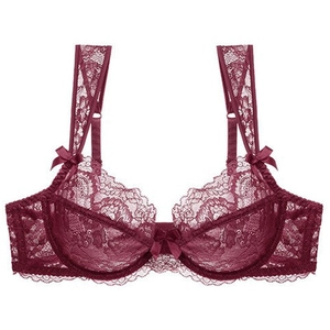 Elegant burgundy floral lace underwire bra with thin transparent cups and bow detail