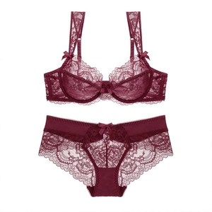 French Sexy Ultra Thin Transparent Floral Lace Bra And Panties Embroidered Push Up Underwear Lingerie For Women With Bowknot Decor