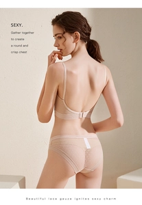 Back view of a seamless beige bra set featuring sheer mesh polka dot lace underwear