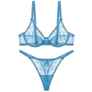 Französisches hellblaues Spitzen-Lingerie-Set mit Blumenflockung und transparentem BH