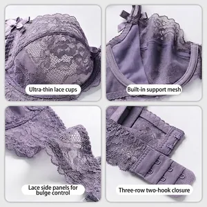 Purple sheer lace bra set featuring thin cups and wide side wings for breast support