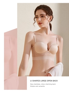 Detail view of seamless U-shaped backless bra with soft support and nude micro-dot fabric