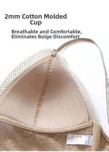 Detailed close-up of 2mm cotton mold cup and delicate floral lace on beige bralette