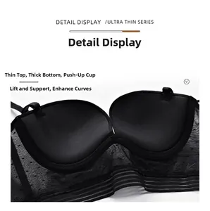 Detail of black seamless push-up bra featuring breathable mesh wings and padded cups
