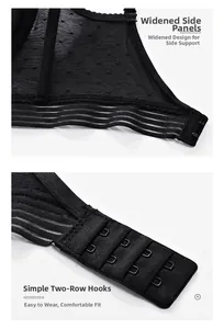Detail of black seamless bra featuring breathable mesh side wings and dual hook-and-eye closure