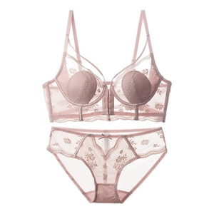 French style light pink lace lingerie set with floral embroidery and thin straps