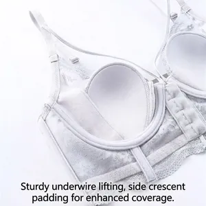 Lace minimizer bra in light gray with thin cups and underwire support for a slim look