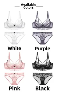 Detail showing four color options of sexy ultra-thin lace bras in white, purple, pink and black