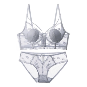 French style light blue lace lingerie set with floral embroidery and front closure