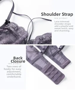 Détails du soutien-gorge en dentelle violette avec bretelles fleuries et fermeture à agrafes