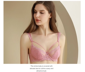 Detailansicht der zarten rosa Spitzenstickerei und der feinen Riemchen am Spitzen-BH