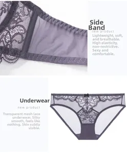 Détail d'une culotte en dentelle violette transparente avec broderie et petit nœud noir