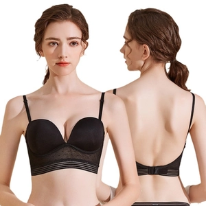 Seamless push up low back bra in black with striped mesh detail and U-shaped design