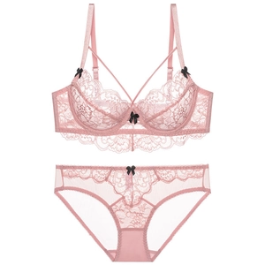 Lingerie Femme Sexy Française Dentelle Ultra-Mince Soutien-Gorge Et Culotte Florale Avec Nœud Et Bretelles Croisées Respirante