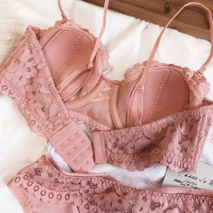 Detailed close-up of dusty rose lace bra and matching panties with mesh lining
