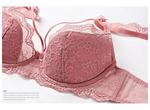 Nahaufnahme des blassrosa Spitzen-BHs mit floraler Stickerei und transparenten Netzdetails