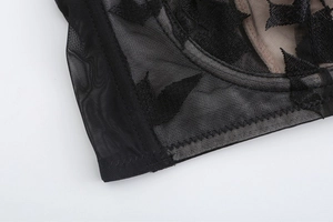 Detailed close-up of butterfly embroidery on black sheer mesh lace lingerie fabric