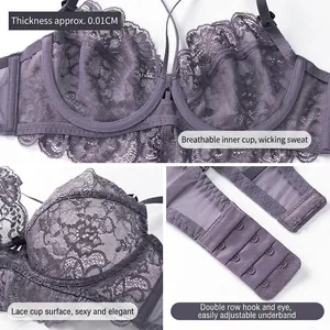Soutien-gorge français ultra-fin en dentelle violette avec bonnets respirants et agrafage