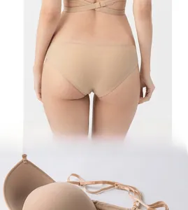 Detail view of seamless beige lingerie set showing triangle cup bra and matching brief