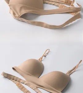 Detail view of seamless beige triangle bra showing scallop edge back and smooth fabric texture