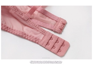 Detail eines rosa Spitzen-BHs mit dreireihigem Hakenverschluss und Netzgewebe am Rücken