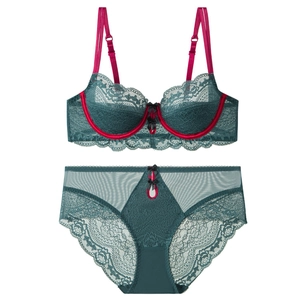 French style dark green lace lingerie set with red straps for support and comfort