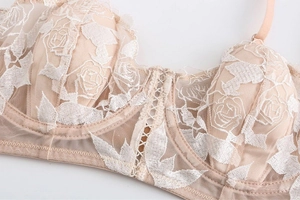 Detail of French rose embroidery on sheer lace bra with elegant cross strap detail