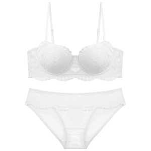 French lace lingerie set with push-up half cup bra and matching panties in white