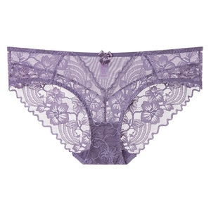 Sexy light purple semi-transparent floral lace panties for women with satin bow detail
