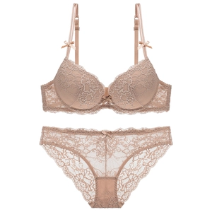 Exquisite floral lace lingerie set in nude color featuring a push-up bra and matching panty