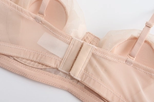 Detailed back view of lace bra with mesh fabric and triple row hook-and-eye closure