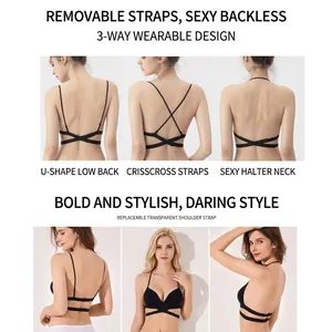 French style seamless wireless black bra set with backless multi-way straps design