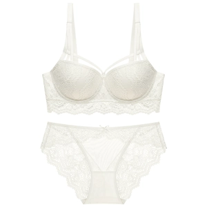 Close-up of white floral lace lingerie set with underwire bra and matching panties