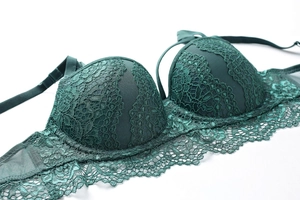 Detailed close-up of dark green floral lace bra showing intricate scalloped mesh embroidery