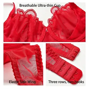 Sexy red lace lingerie set with breathable thin cups and elastic side wings