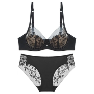 French lace lingerie set with black floral embroidery and soft underwire bra