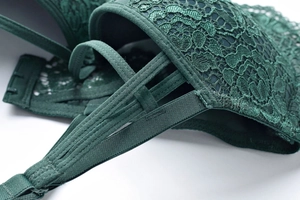 Detail of dark green lace bra showing intricate floral patterns and glossy satin straps