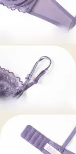 Vue macro détaillée du soutien-gorge en dentelle violette avec ailes en résille et agrafes