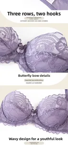 Détail d'un soutien-gorge en dentelle lavande avec fermeture à agrafes et broderie fine