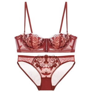 Sexy red lace lingerie set with French rose embroidery and soft underwire mesh bra