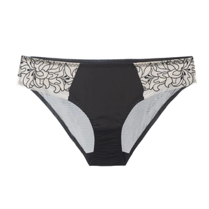 Sexy black lace panties for women featuring sheer mesh and floral embroidery detail