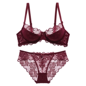 Elegant wine red lace lingerie set with semi-cup bra and matching panties for women