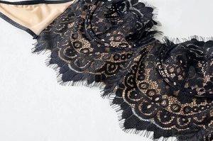 Dettaglio macro in pizzo nero con fodera beige e raffinati bordi a ventaglio rifiniti