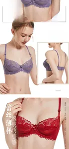 Détail d'un soutien-gorge en dentelle violette et rouge avec petit nœud et tissu léger