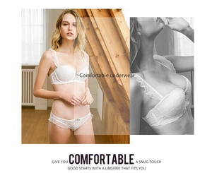 Detailed view of white lace lingerie set with ruffled straps and bow accents