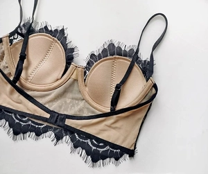 Dettaglio del pizzo cigliato elegante e della rete trasparente sul reggiseno