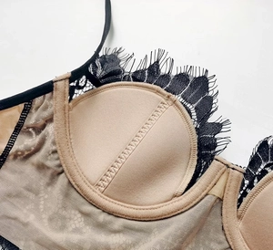 Dettaglio di lingerie in pizzo francese con bordo a ciglia e struttura delle coppe imbottite