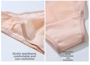 Detail of pink lace panties featuring elastic waistband and soft cotton crotch lining