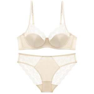 Lace trim lingerie set with smooth beige bra and matching semi-sheer briefs
